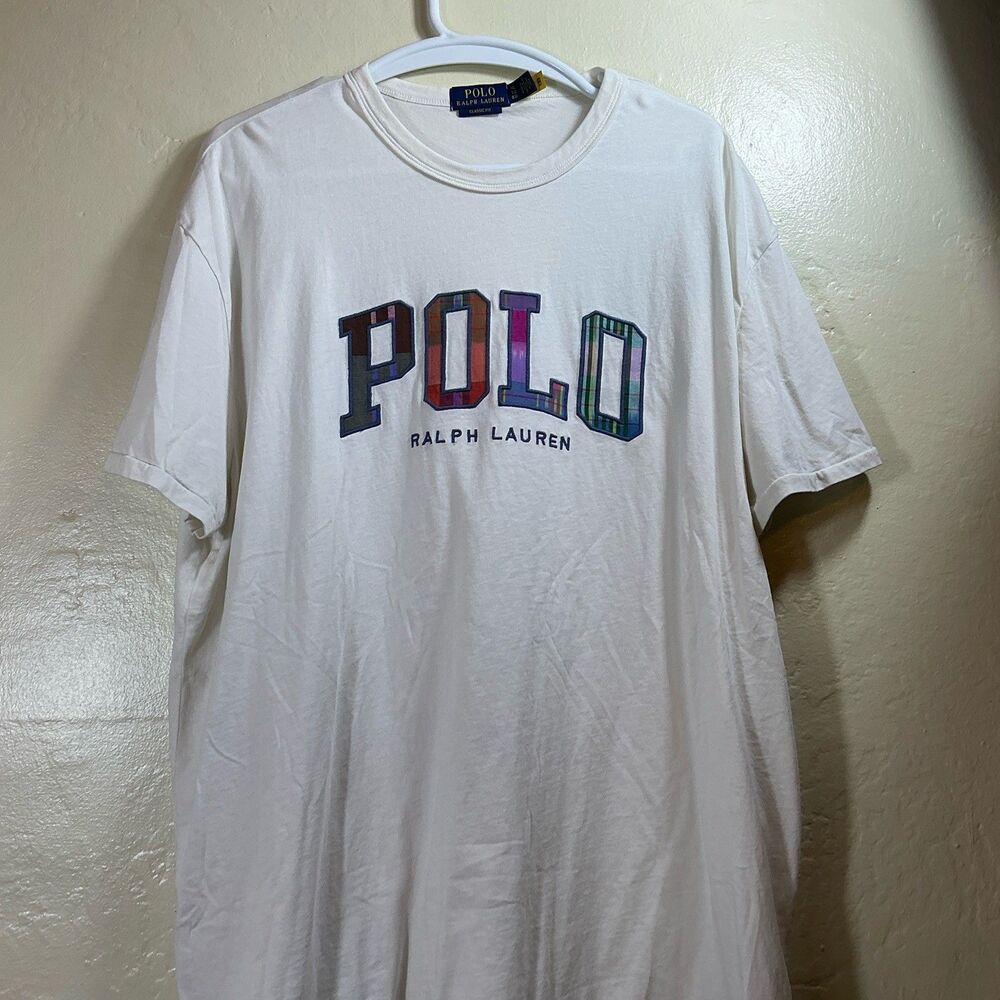 Men’s Polo Ralph Lauren XL White T Shirt Flannel Letter Logo Classic Fit Tee - Picture 3 of 5